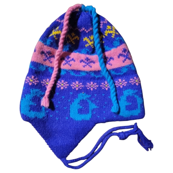 Vtg Woman's Heavy Knit Winter Ski Hat Cap Ear Flaps Cord Tassels Pink Purple - Picture 8 of 8